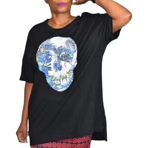 Sean John Sequin Skull Tee Black Boxy TShirt Crewneck Graphic Sequins Size Large